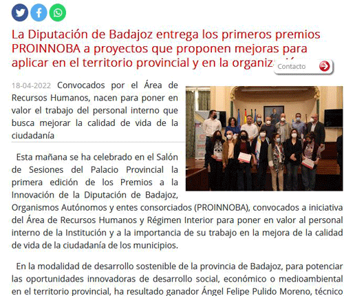 Noticia en web de Diputación de Badajoz