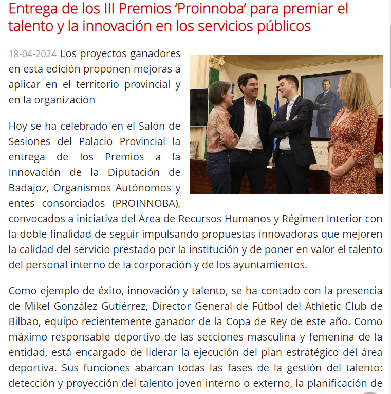 Noticia en web de Diputación de Badajoz